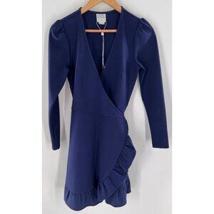 Donna Mizani Women's XS Navy Blue Wrap Dress Stretch Ruffle Trim Princess Sleeve